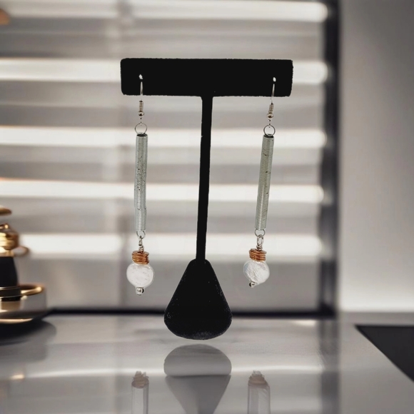 **Modern Elegance: Industrial Pearl & Bronze Coil Spring Drops Earrings** - Picture 3 of 4